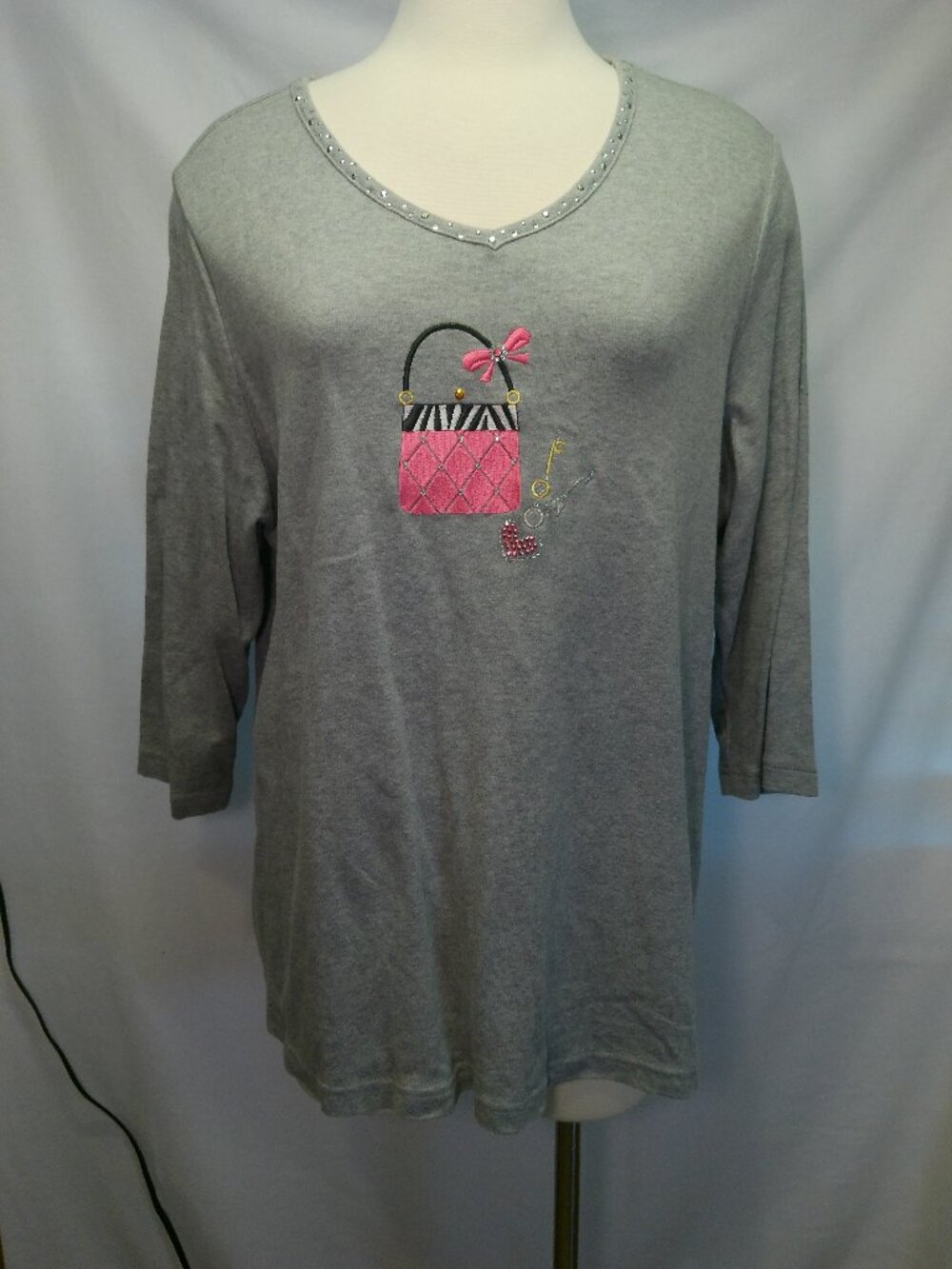 Gray Blouse Quacker Factory Embroidered Purse Embellished Size 1X